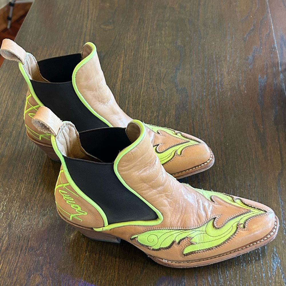 John Fluvog wester boots with flame inlay